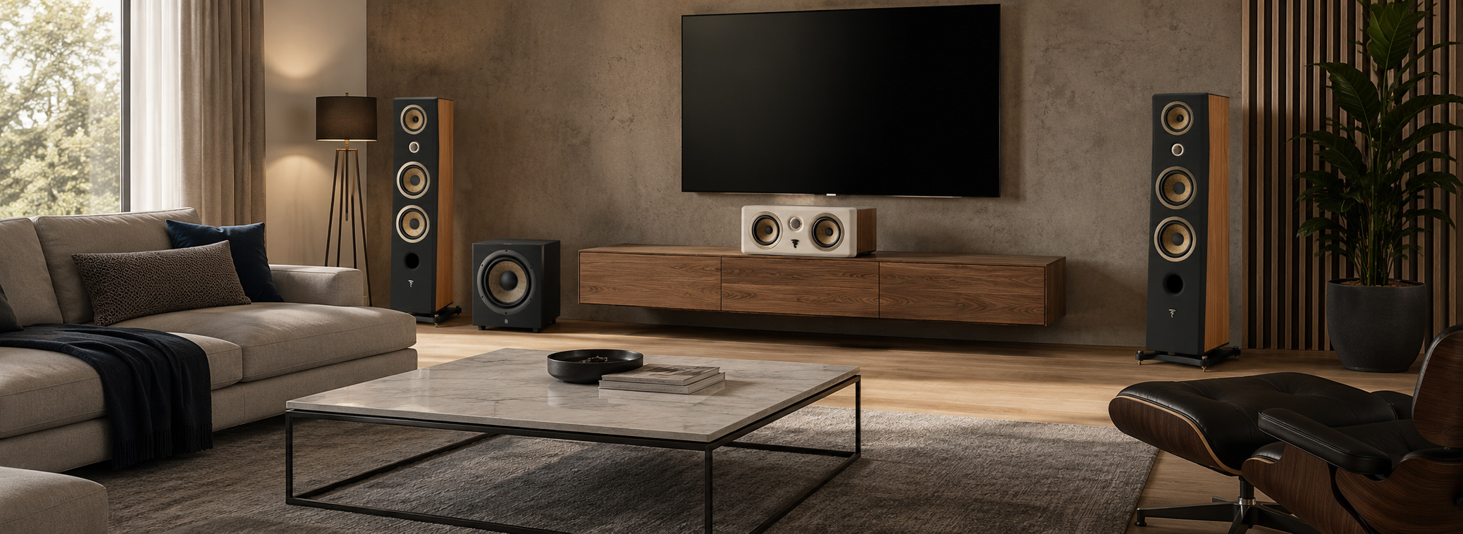 Modern living room with a wall-mounted flat-screen TV, floor-standing speakers, and a gray sectional sofa with cushions and throw blanket surrounding a marble coffee table.