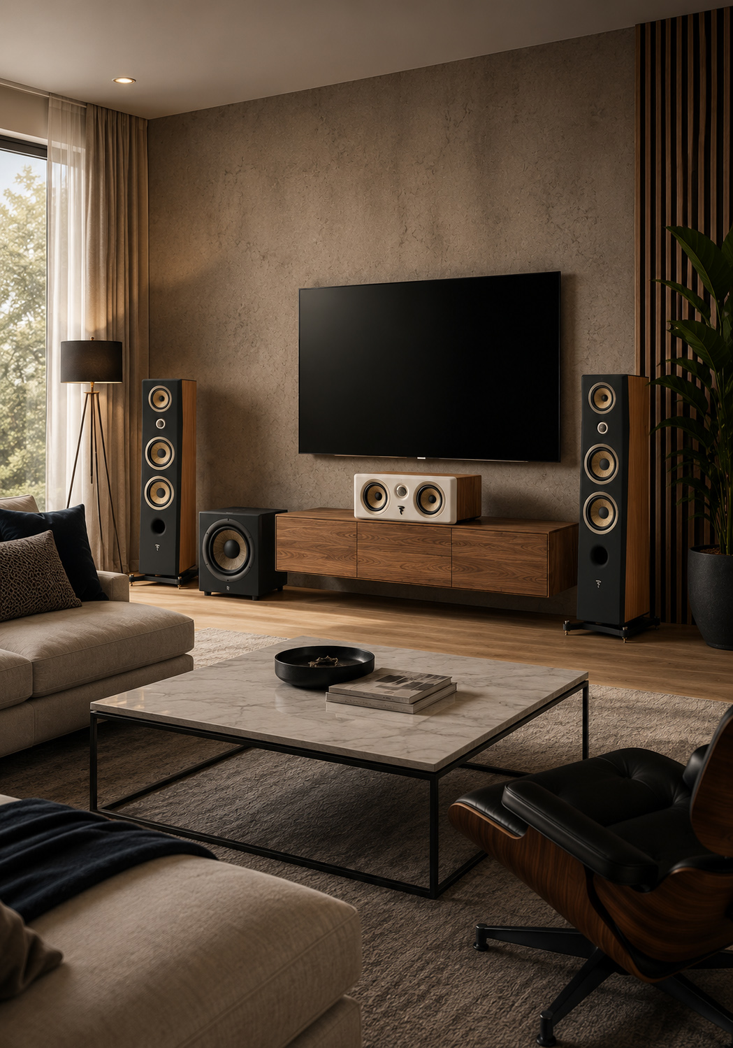 Modern living room with a wall-mounted flat-screen TV, tall floor speakers, and a wooden media console.