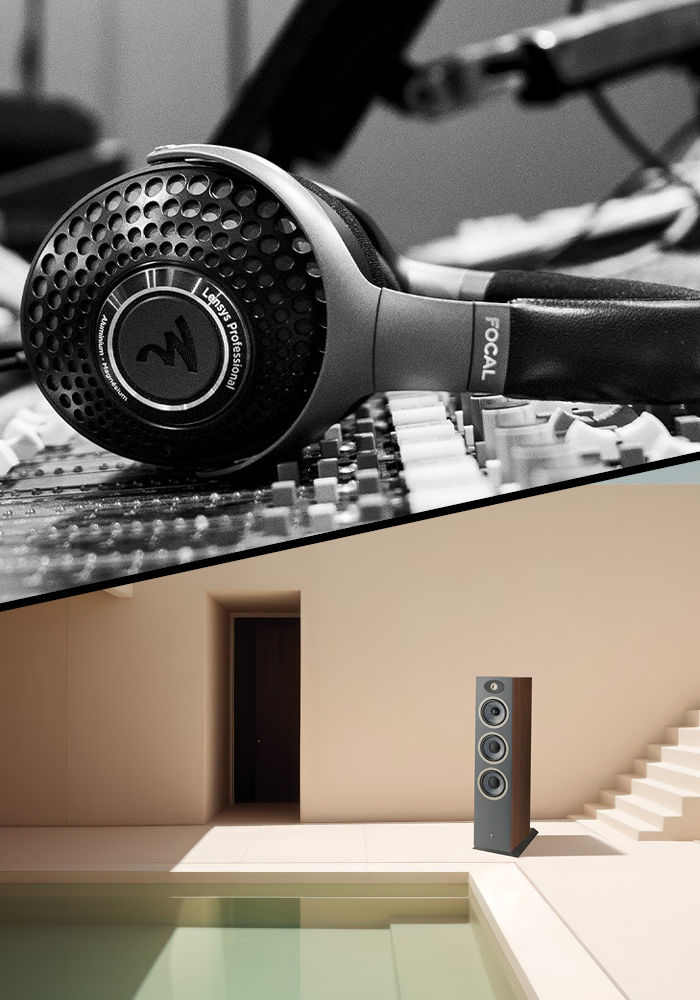Close-up of headphones on a sound mixer, with a modern living room and a tall floor speaker by a staircase near a pool.