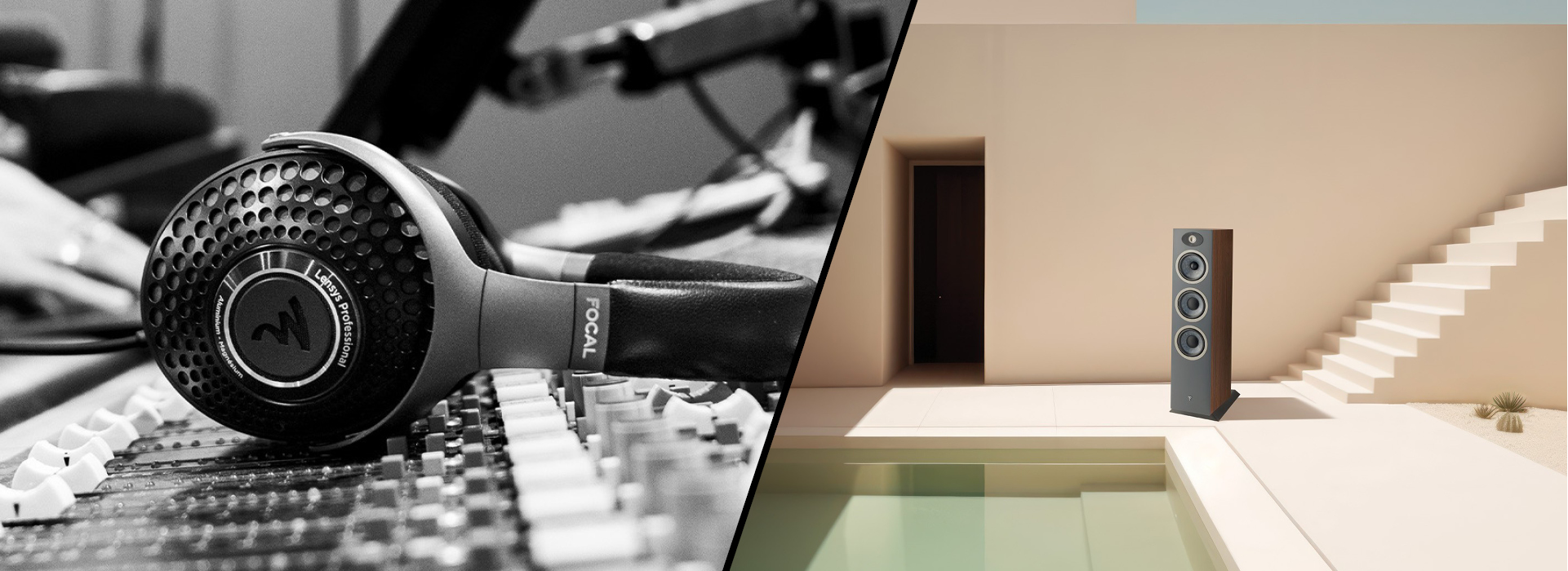 Left panel shows a close-up of pro headphones on a recording console; right panel features a tall floor speaker in a minimalist beige interior with stairs and a pool.