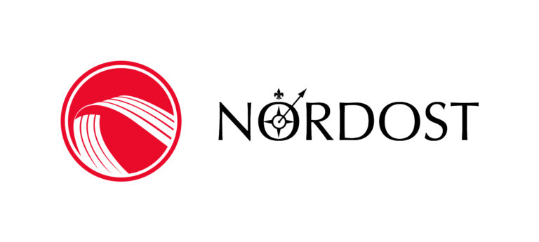Nordost logo: red circular emblem with white curved lines beside the black serif word NORDOST.