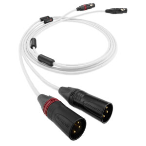 White cable with locking Neutrik connectors on each end, featuring red bands and gold pins visible inside black housings.