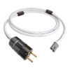 White power cable with a black locking plug and two gold-pronged male end.