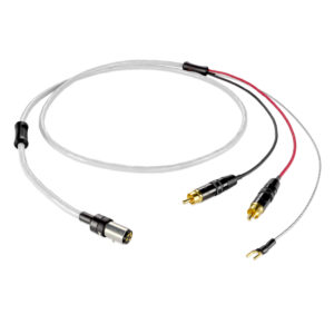 White audio cables with gold RCA plugs and a black circular connector on a white background, close-up detail of interconnects.