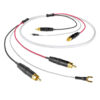Close-up of red and black audio cables with gold RCA plugs and a banana plug on a white background.