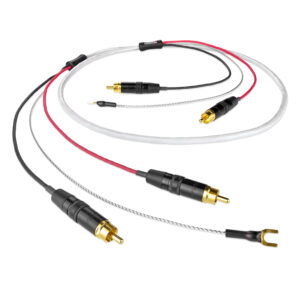 Close-up of red and black audio cables with gold RCA plugs and a banana plug on a white background.